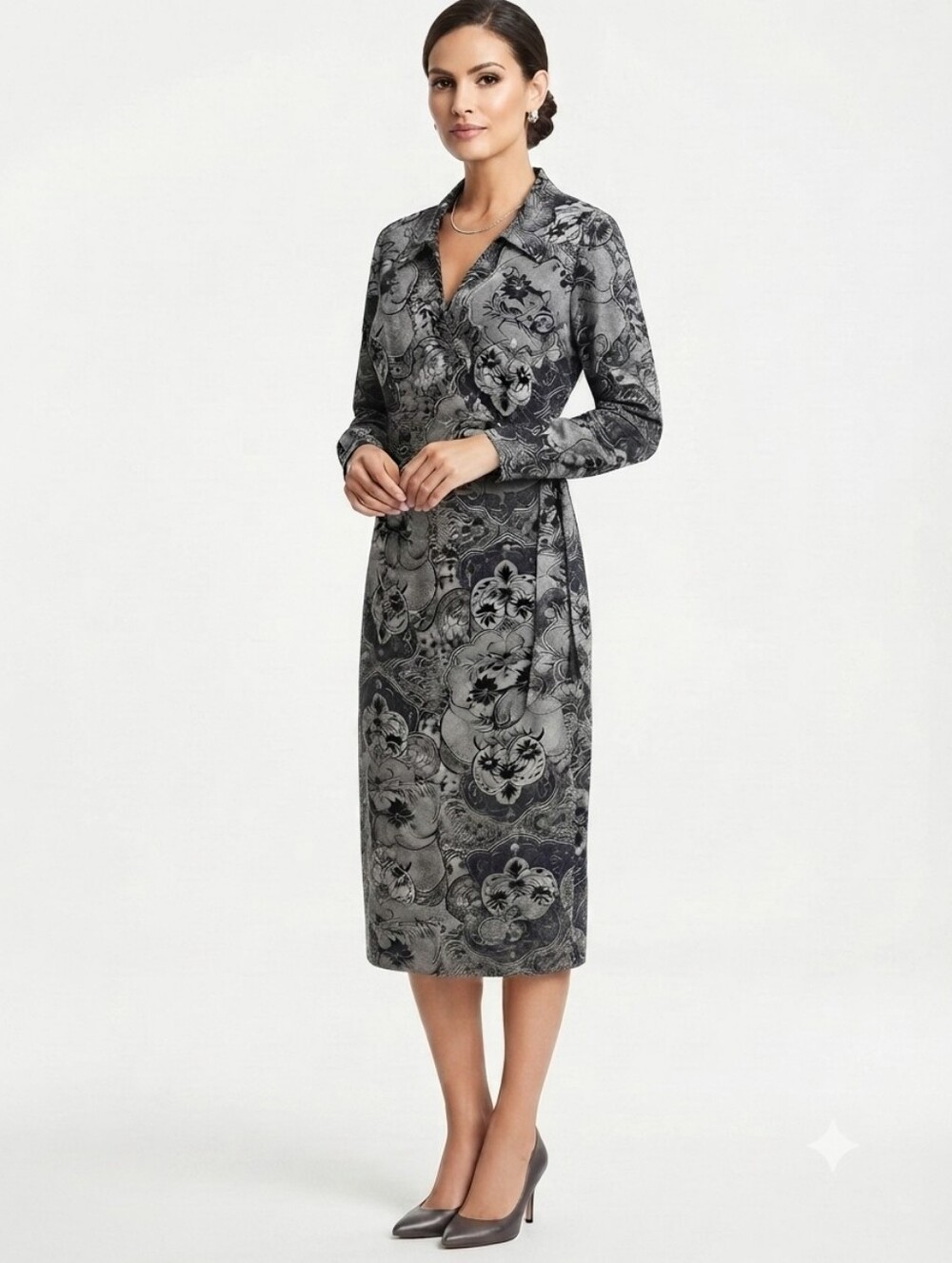 Ashley Stewart Silk Floral Wrap Midi Dress Long Sleeve Lined sz 14 Black Gray